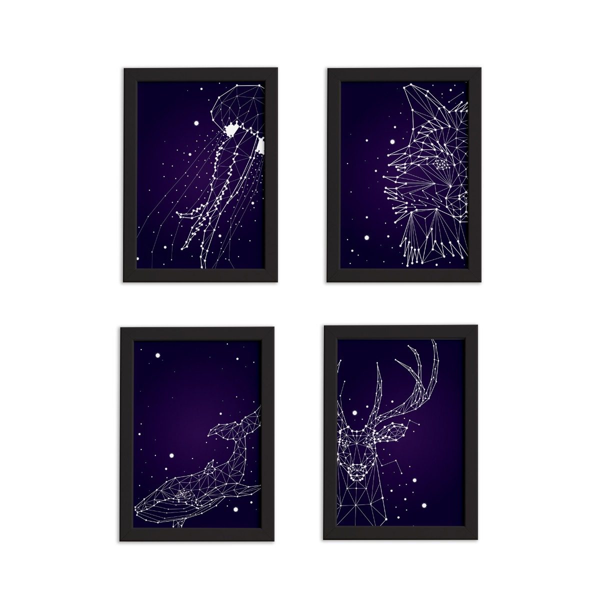 Kit de quadros decorativos com moldura preta mostrando constelações, ideal para decoração interna.