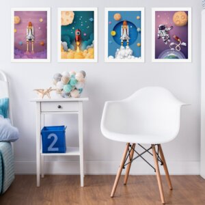 Quadros Astronauta no Espaço Moldura Branca 22x32cm Kit 4un,Quadros Astronauta no Espaço Moldura Branca 22x32cm Kit 4un