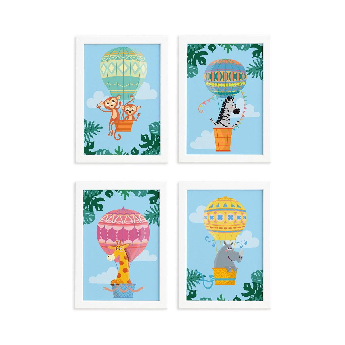 Quadros Balões Safari Moldura Branca 33x43cm Kit 4un