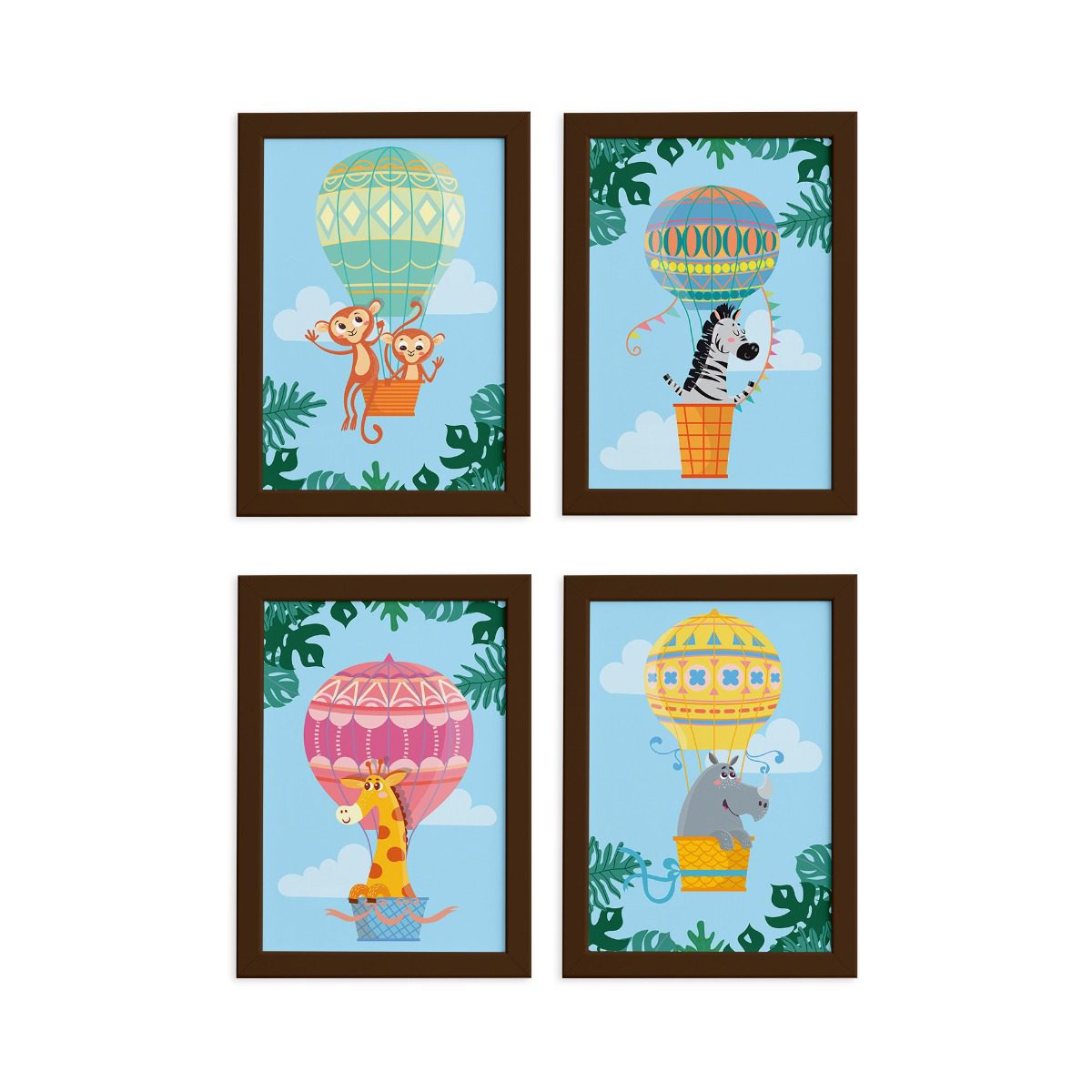 Quadros Balões Safari Moldura Marrom 22x32cm Kit 4un