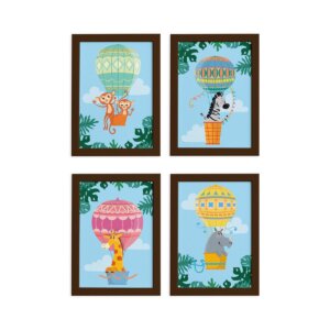Quadros Balões Safari Moldura Marrom 33x43cm Kit 4un