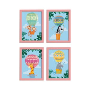 Quadros Balões Safari Moldura Rosa 22x32cm Kit 4un
