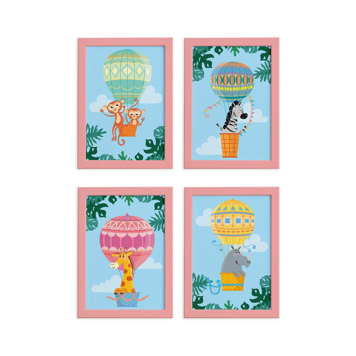 Quadros Balões Safari Moldura Rosa 22x32cm Kit 4un
