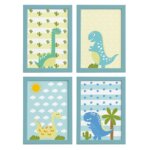 Quadros para Quarto Dinossauro Baby 22x32cm Moldura Azul 4un