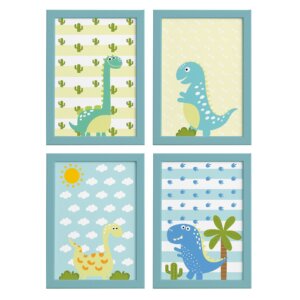 Kit Quadros Dinossauro Baby 22x32cm Moldura Azul 4un
