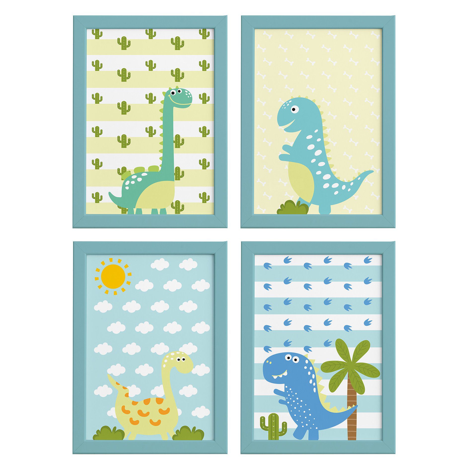 Kit Quadros Dinossauro Baby 22x32cm Moldura Azul 4un
