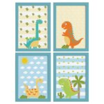 Quadros para Quarto Dinossauro Baby 2 22x32cm Moldura Azul 4un