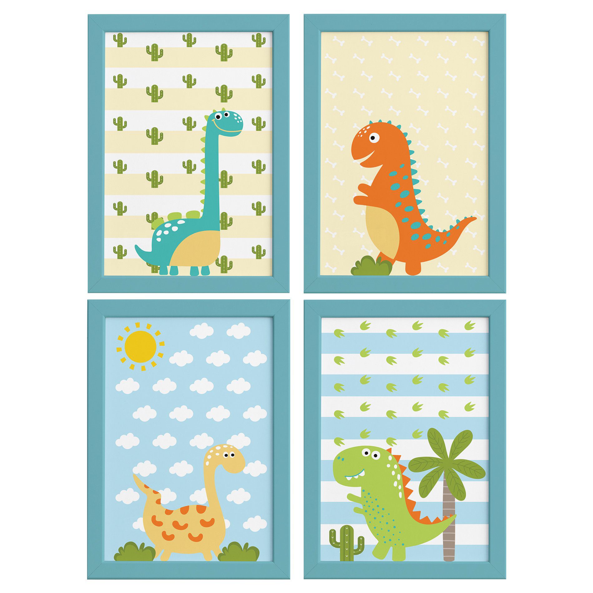 Quadros para Quarto Dinossauro Baby 2 22x32cm Moldura Azul 4un