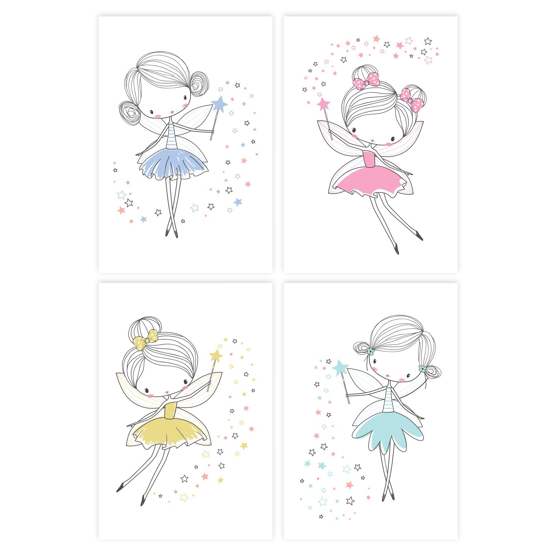 Placas decorativas para quarto de menina com ilustrações de fadas, apresentando detalhes do produto e dimensões.