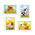 Quadros Animais Fazenda Feliz Moldura Branca 33x43cm Kit 4un