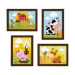 Quadros Animais Fazenda Feliz Moldura Marrom 22x32cm Kit 4un