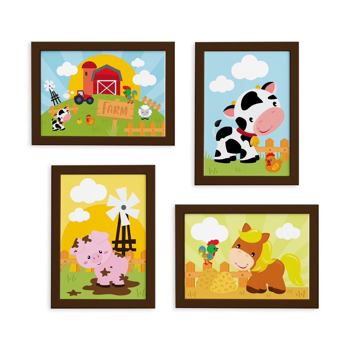 Quadros Animais Fazenda Feliz Moldura Marrom Kit 4un