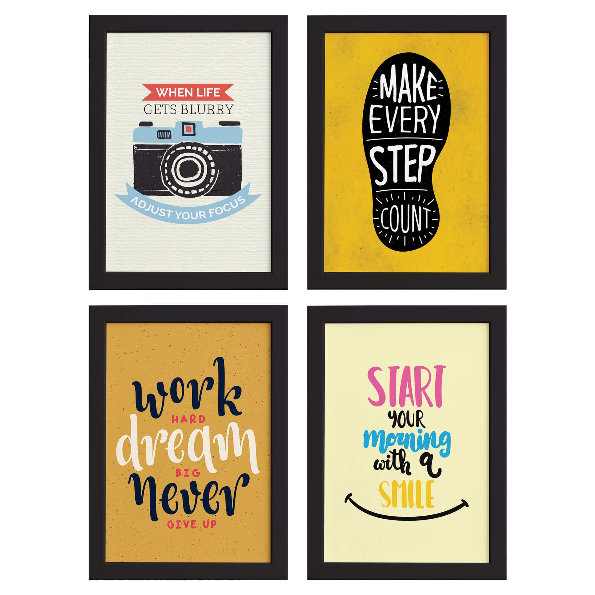 Quadros decorativos motivacionais com moldura preta, cada um medindo 22x32 cm, ideal para sala ou escritório.