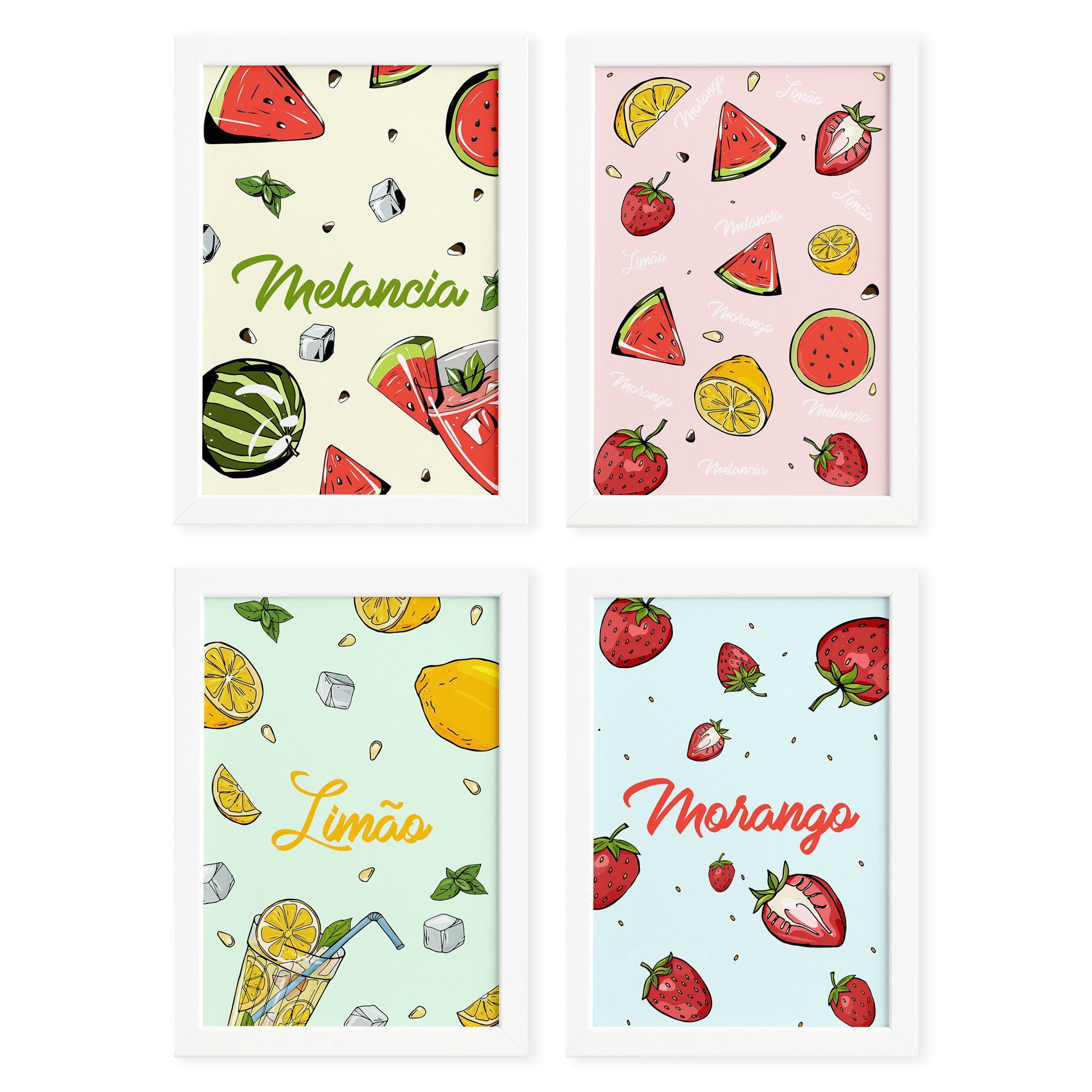 Quadros Frutas Refrescantes Moldura Branca