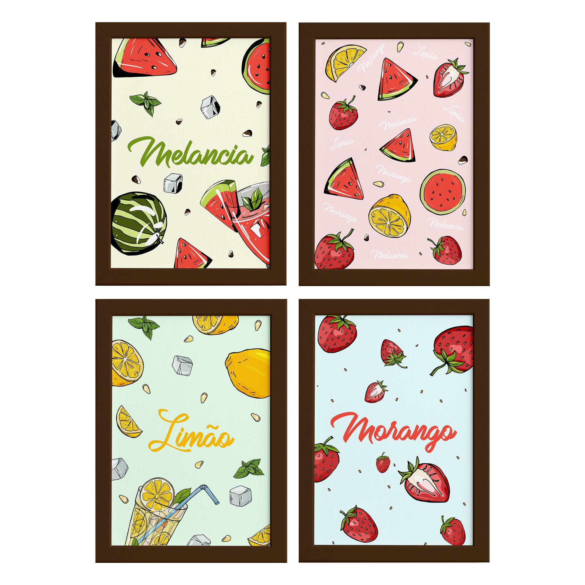 Quadros Frutas Refrescantes Moldura Marrom