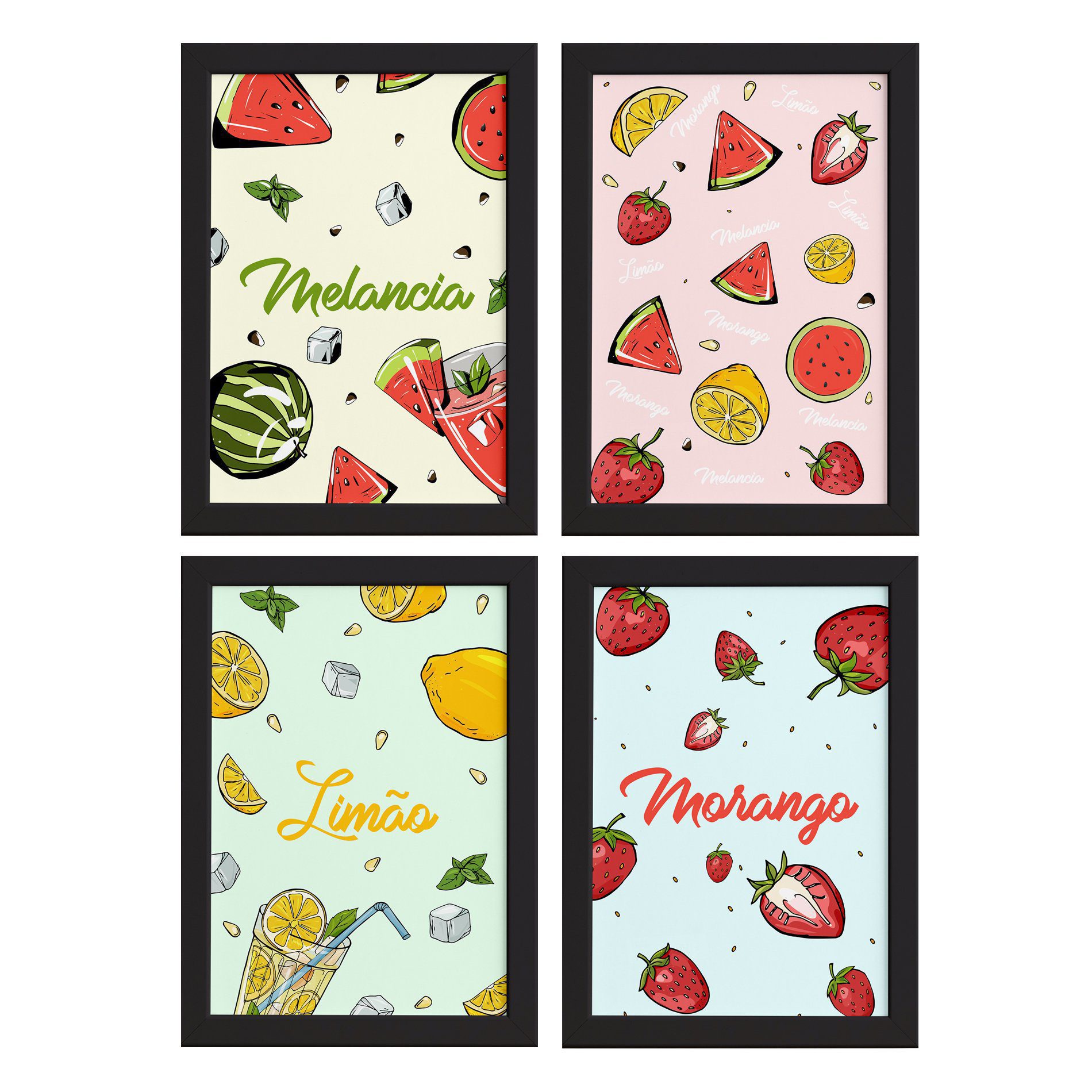 Quadros Frutas Refrescantes Moldura Preta