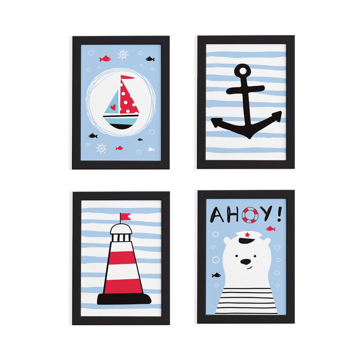 Quadros Quarto Marinheiro Moldura Preta Kit4un