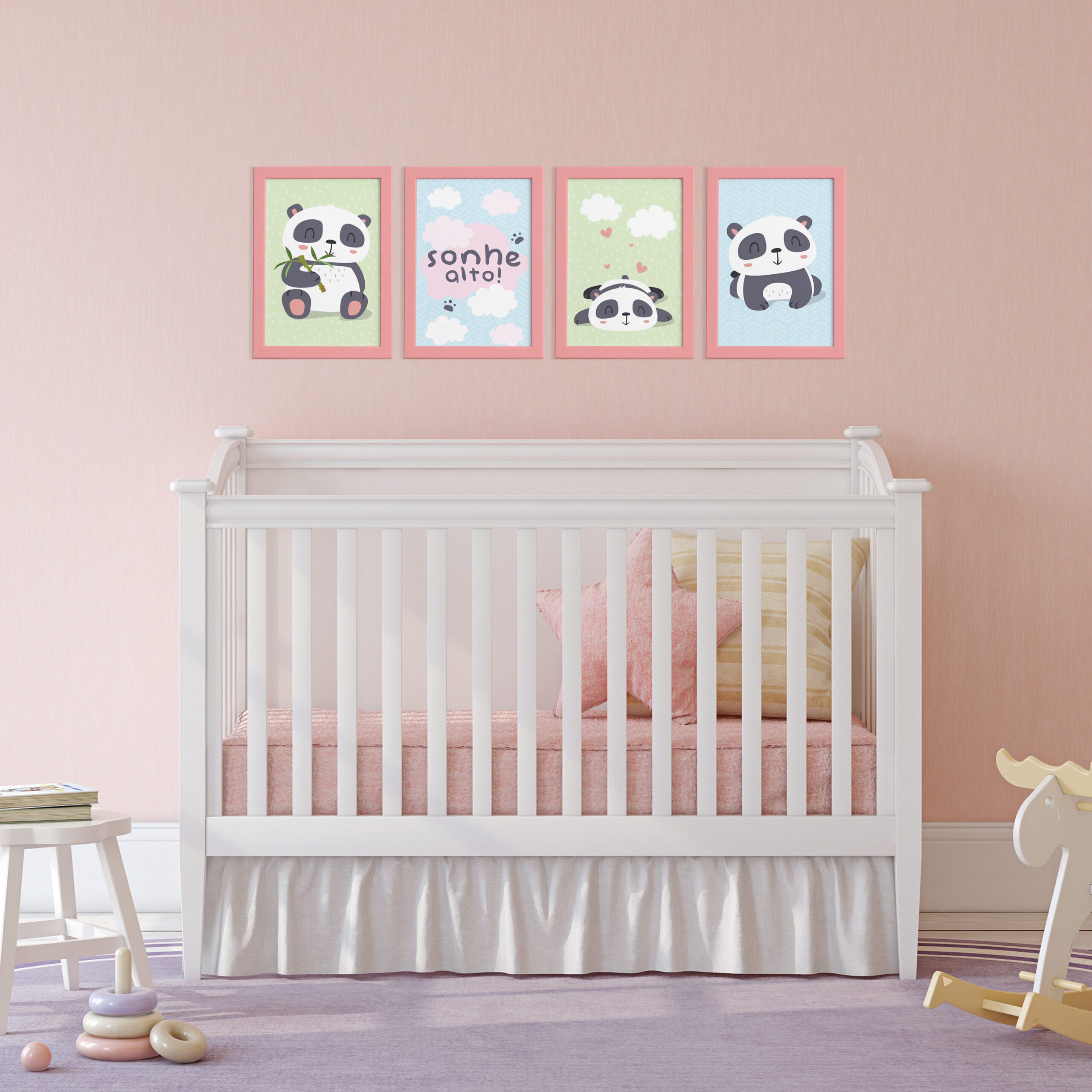 Quadros Infantis Animais Panda Moldura Rosa 22x32cm Kit 4un,Quadros Infantis Animais Panda Moldura Rosa 22x32cm Kit 4un