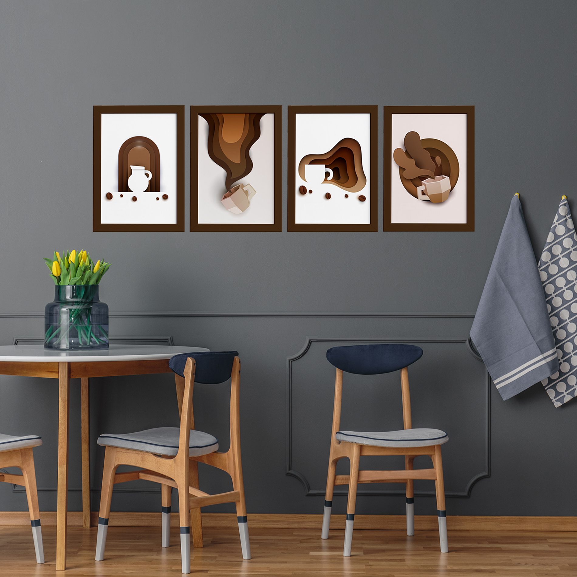 Quadros Café Paper para Cozinha Moldura Marrom 22x32 Kit 4un,Quadros Café Paper para Cozinha Moldura Marrom 22x32 Kit 4un