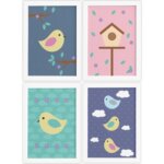 Quadros Decorativos Infantil Pássaros Moldura Branca 4un 33x43