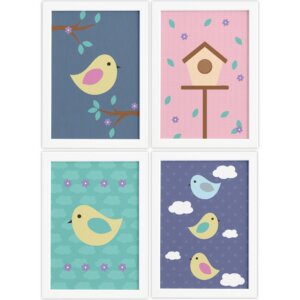 Quadros Decorativos Infantil Pássaros Moldura Branca 4un 33x43