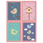 Quadros Decorativos Infantil Pássaros Moldura Rosa 4un 22x32