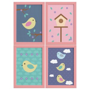 Quadros Decorativos Infantil Pássaros Moldura Rosa 4un 22x32