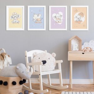 Quadros para Quarto Elefante Moldura Branca Kit 4un 22x32cm