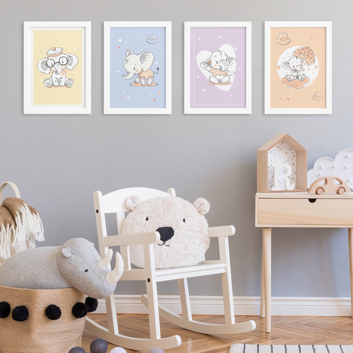 Quadros para Quarto Elefante Moldura Branca Kit 4un 22x32cm