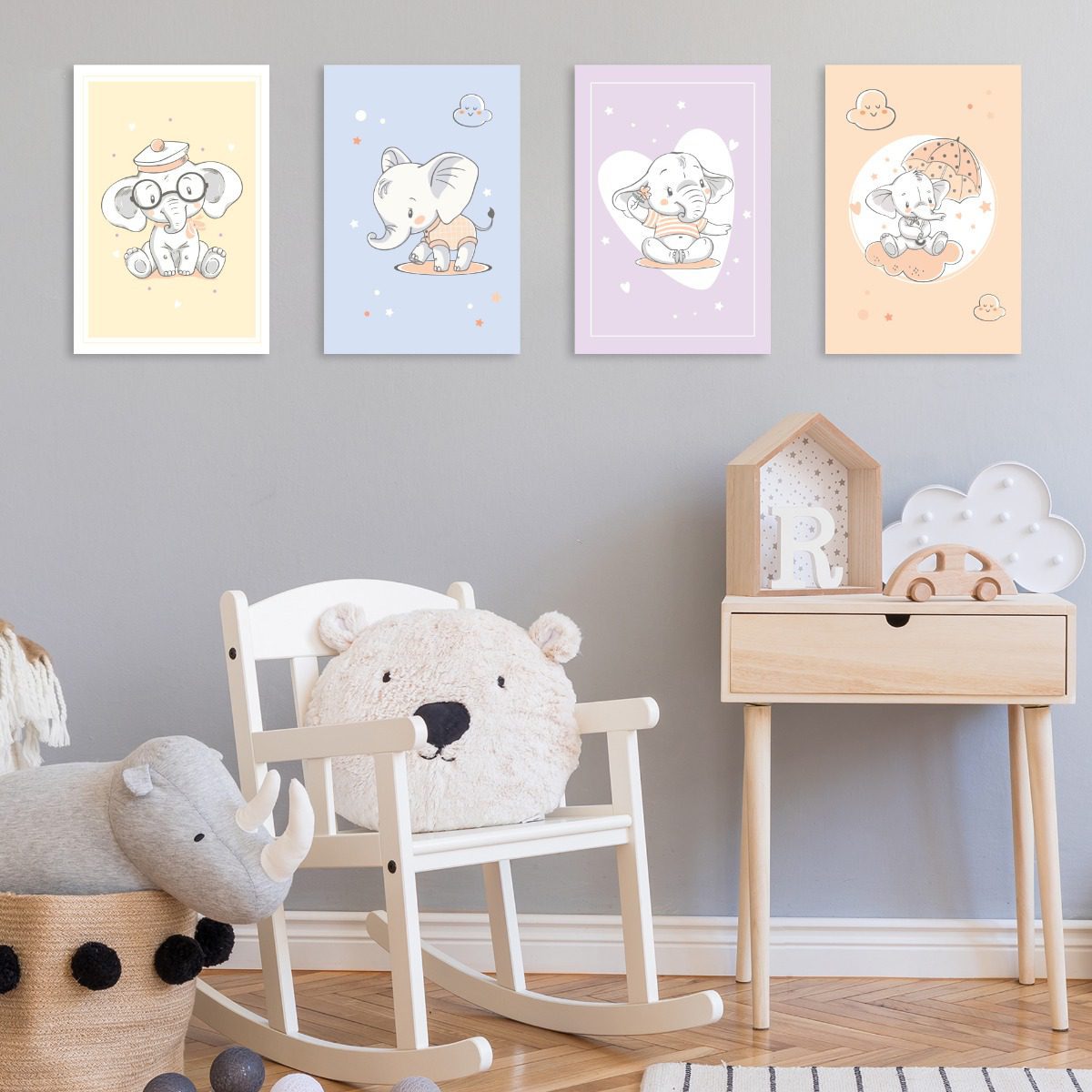 Placas Decorativas Elefante Baby para Quarto Kit 4un 20x30cm