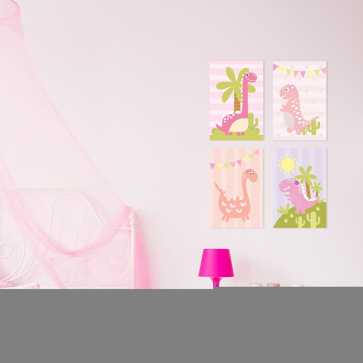 Placa Decorativa Dinossauro Baby Menina Kit 4un