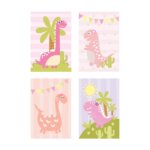 Placa Decorativa Dinossauro Baby Menina Kit 4un 20x30cm