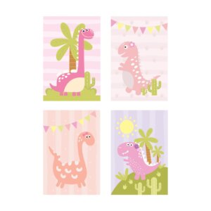 Placa Decorativa Dinossauro Baby Menina Kit 4un