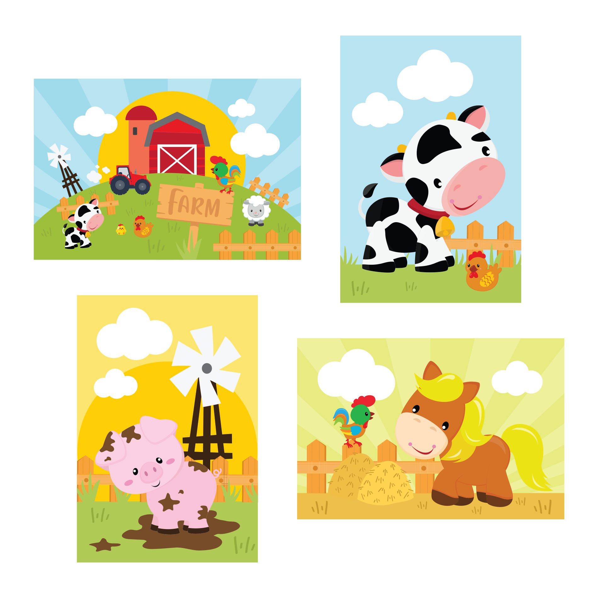 Placas Decorativas Animais Fazenda Feliz 20x30cm Kit 4un