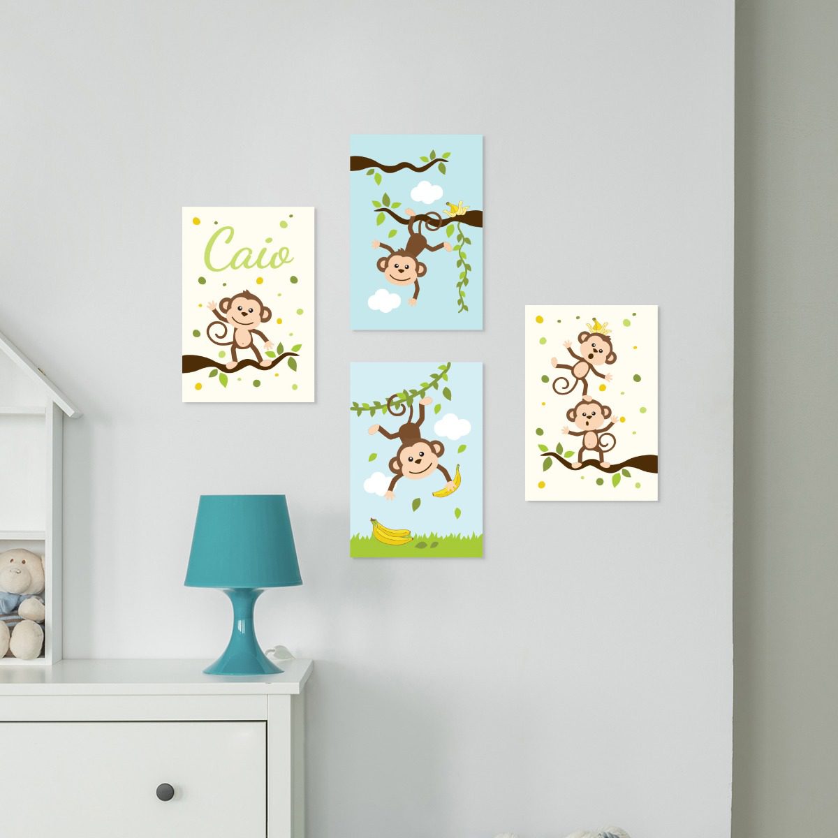 Placa Decorativa Macaco Nome Personalizado kit 4un 30x40cm 