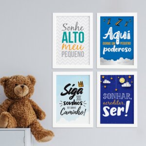Quadros para Quarto Frases Infantis 22x32cm Moldura Branca 4un