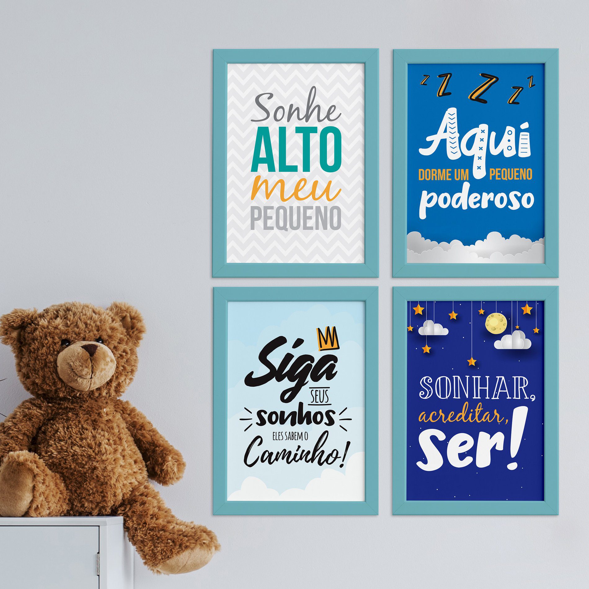Quadros para Quarto Frases Infantis 22x32cm Moldura Azul 4un