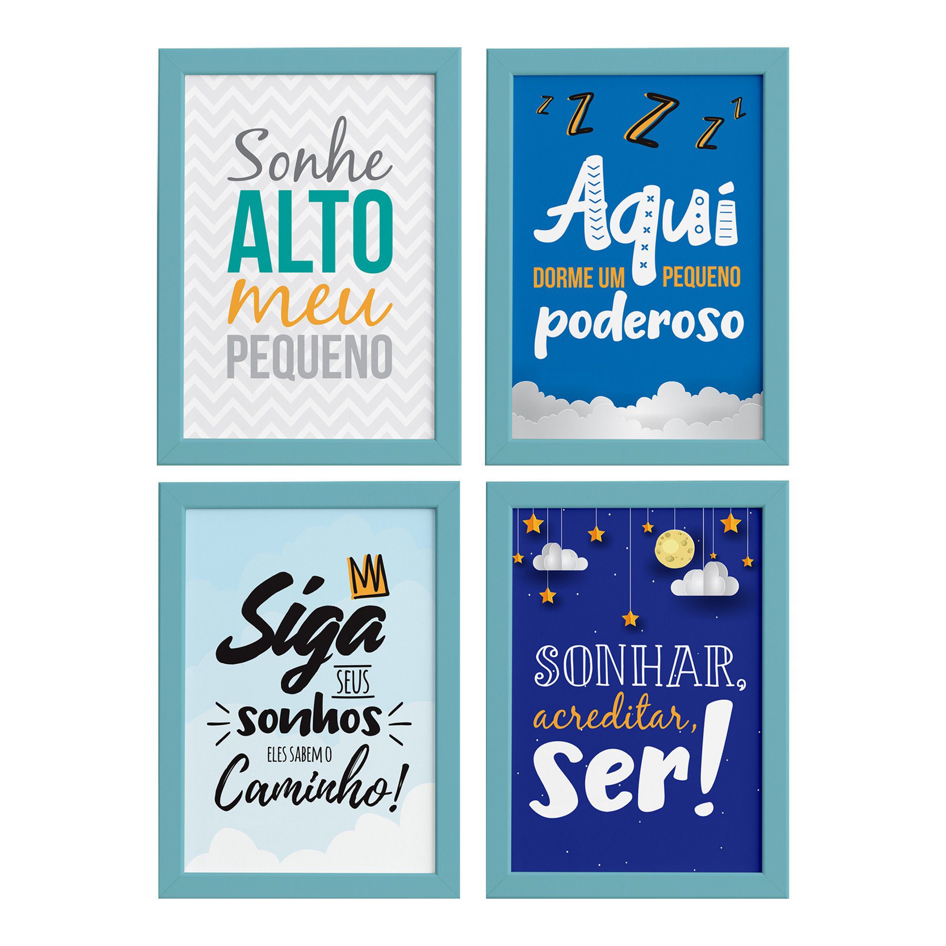 Quadros para Quarto Frases Infantis 22x32cm Moldura Azul 4un