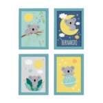 Quadros Coala Nome Personalizado 4un Moldura Azul 22x32cm