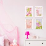 Quadros Dinossauro Menina Rosa 22x32cm 4un Moldura Branca
