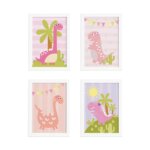 Quadros Dinossauro Menina Rosa 33x43cm 4un Moldura Branca