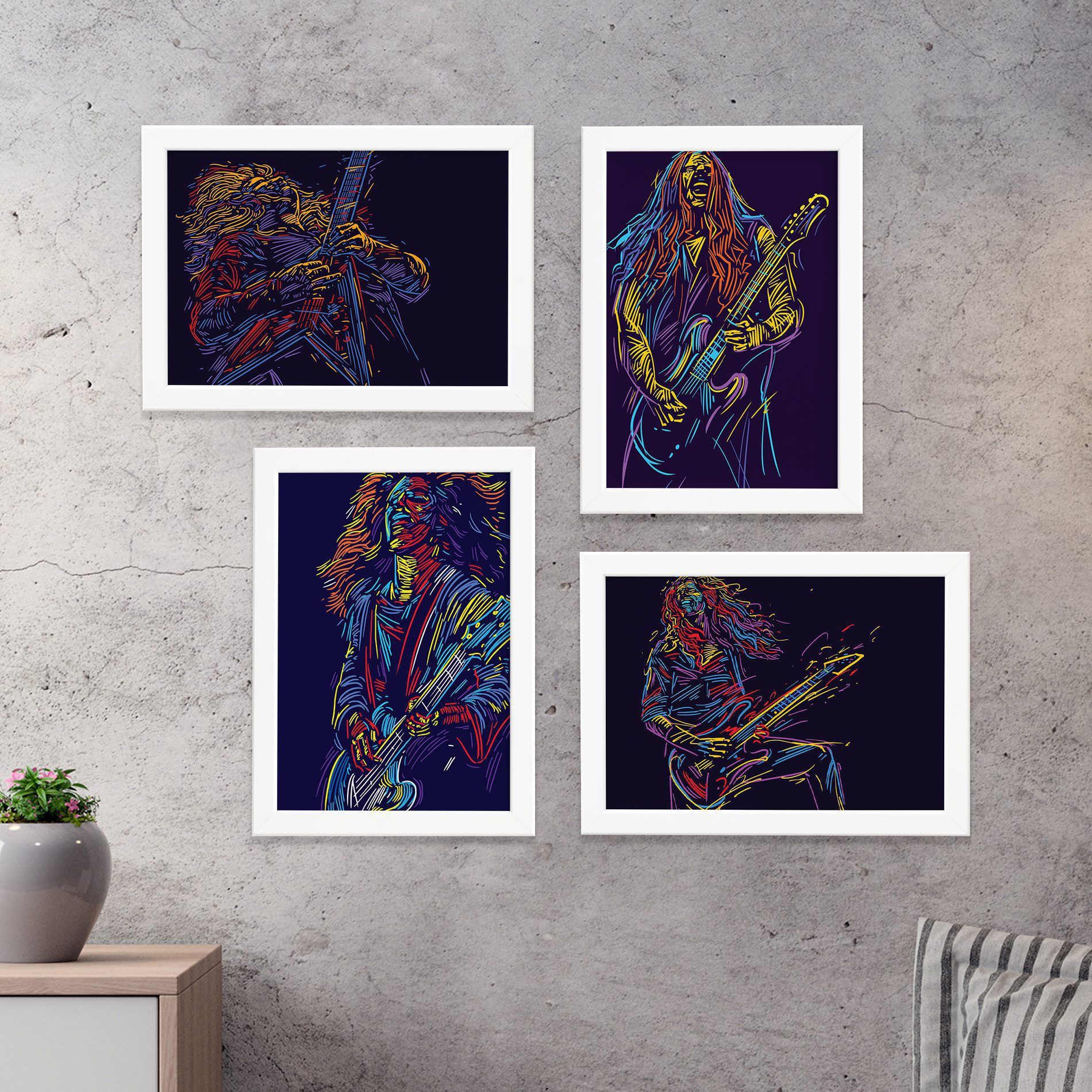 Quadros Abstratas Guitarristas Moldura Branca 22x32cm Kit4un