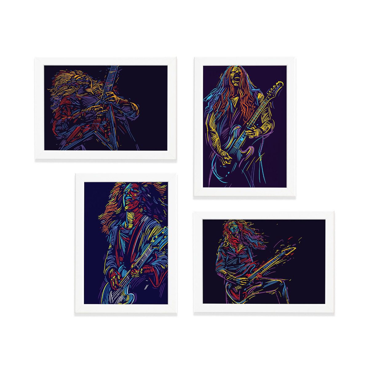 Quadros Abstratas Guitarristas Moldura Branca 22x32cm Kit4un