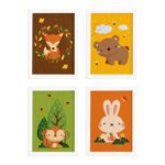 Quadros Animais do Outono Kit 4un Moldura Branca 33x43cm