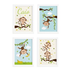 Quadro Macaco Nome Personalizado 4un Moldura Branca 22x32cm