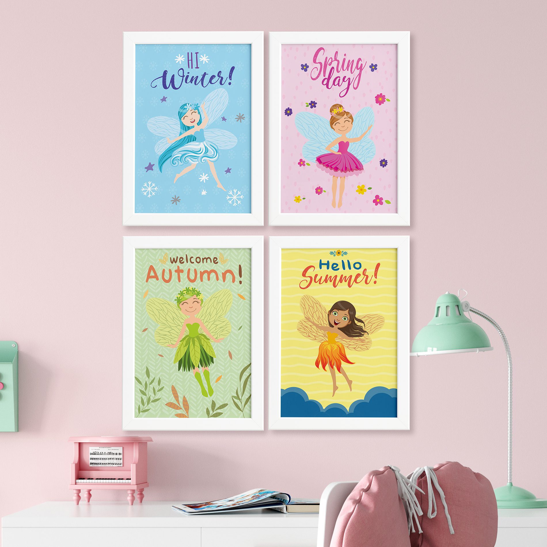 Quadros Fadas e Flores para Menina Mold Branca 22x32 Kit 4un,Quadros Fadas e Flores para Menina Mold Branca 22x32 Kit 4un