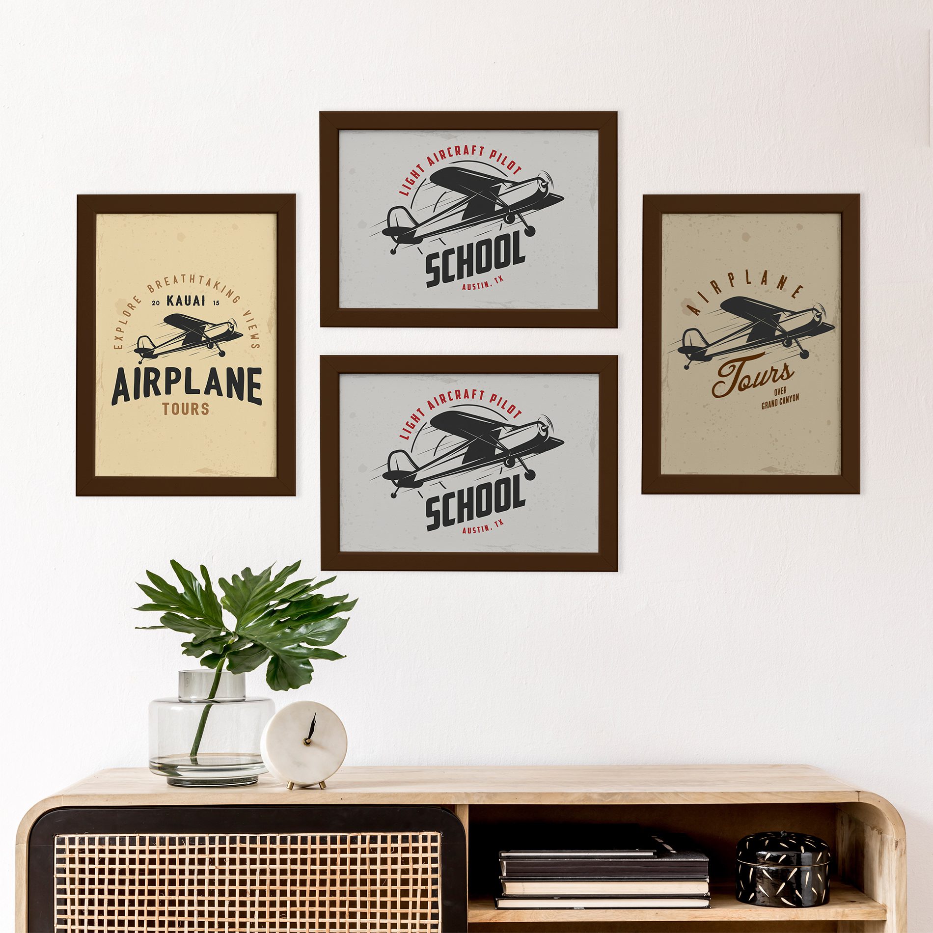 Quadros Vintage Frases Aviões Moldura Marrom