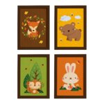 Quadros Animais do Outono Kit 4un Moldura Marrom 33x43cm