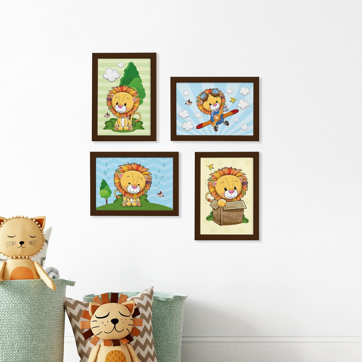 Quadros Animais Leão Baby Moldura Marrom 33x43cm Kit 4un