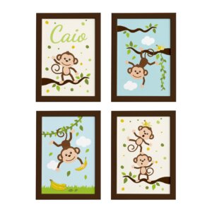 Quadro Macaco Nome Personalizado 4un Moldura Marrom 22x32cm